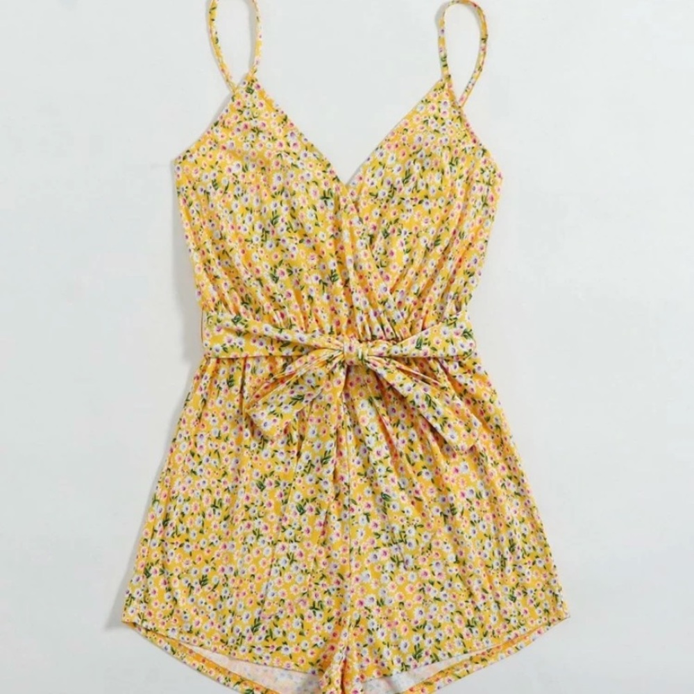 Belted floral cami romper